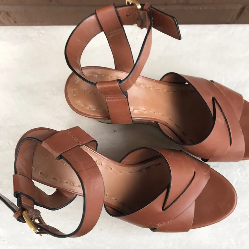 Tahari Tan Leather Cork Platform Wedge Sandals